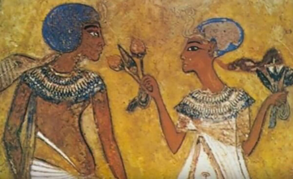 Egyptian drawing of woman giving a floral gift depictend on a wall painting